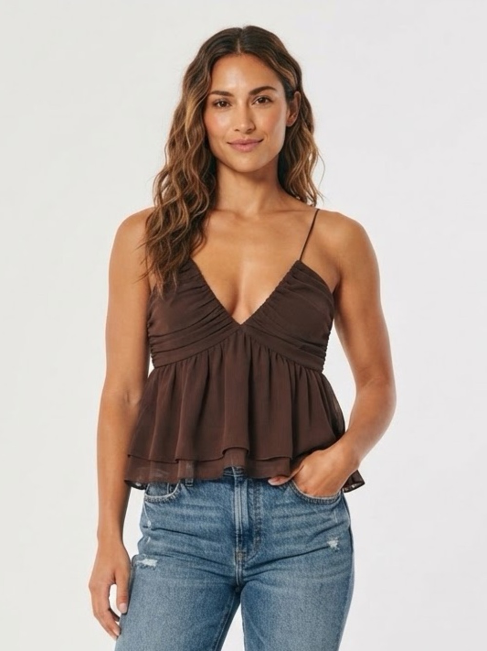 Abercrombie & Fitch V-Neck Ruched Cami Boho Chiffon Peplum Top Size XS Coquette